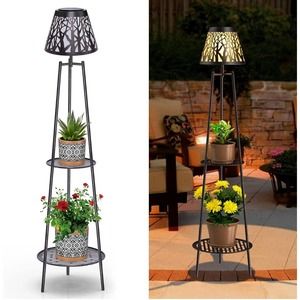 Metal Solar Floor Lamps Outdoor with 2 Plant Stands, 2 Pack Waterproof Solar